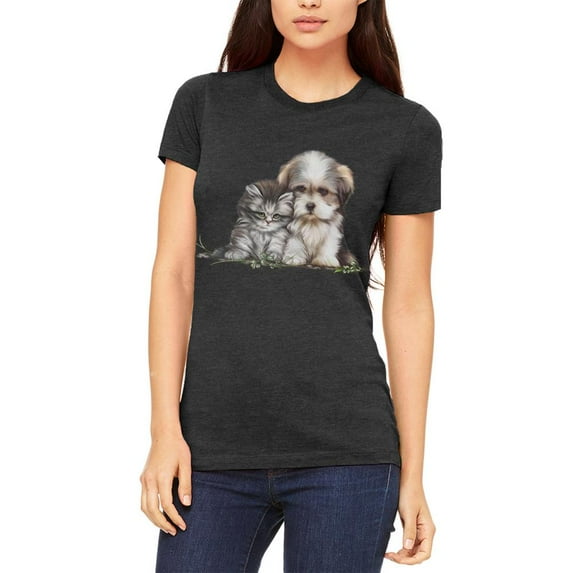 Best Friends Puppy and Kitten Juniors Soft T Shirt Heather Black LG