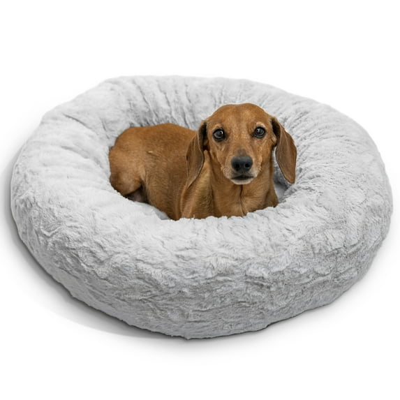 Best Friends by Sheri Original Calming Donut Dog and Cat Bed, Lux Faux Fur, Gray, Small (23x23") - Helps Provide Anxiety Relief for Pets