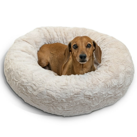 Best Friends by Sheri The Original Calming Donut Dog Bed – Washable Plush Pet Bed for Cats & Small Dogs up to 25 lbs, Lux Faux Fur, Oyster, Small (23" x 23")