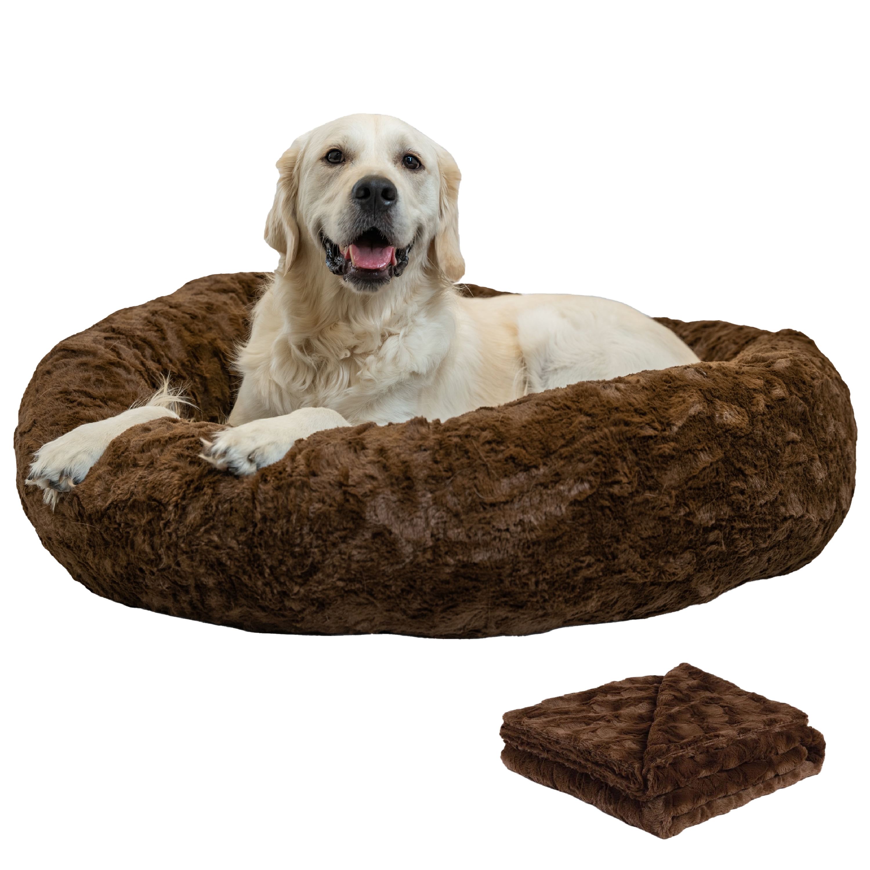 Best Friends by Sheri Bundle Set The Original Calming Lux Donut Cuddler Cat and Dog Bed + Pet Throw Blanket, Dark Chocolate, Large, 36x36