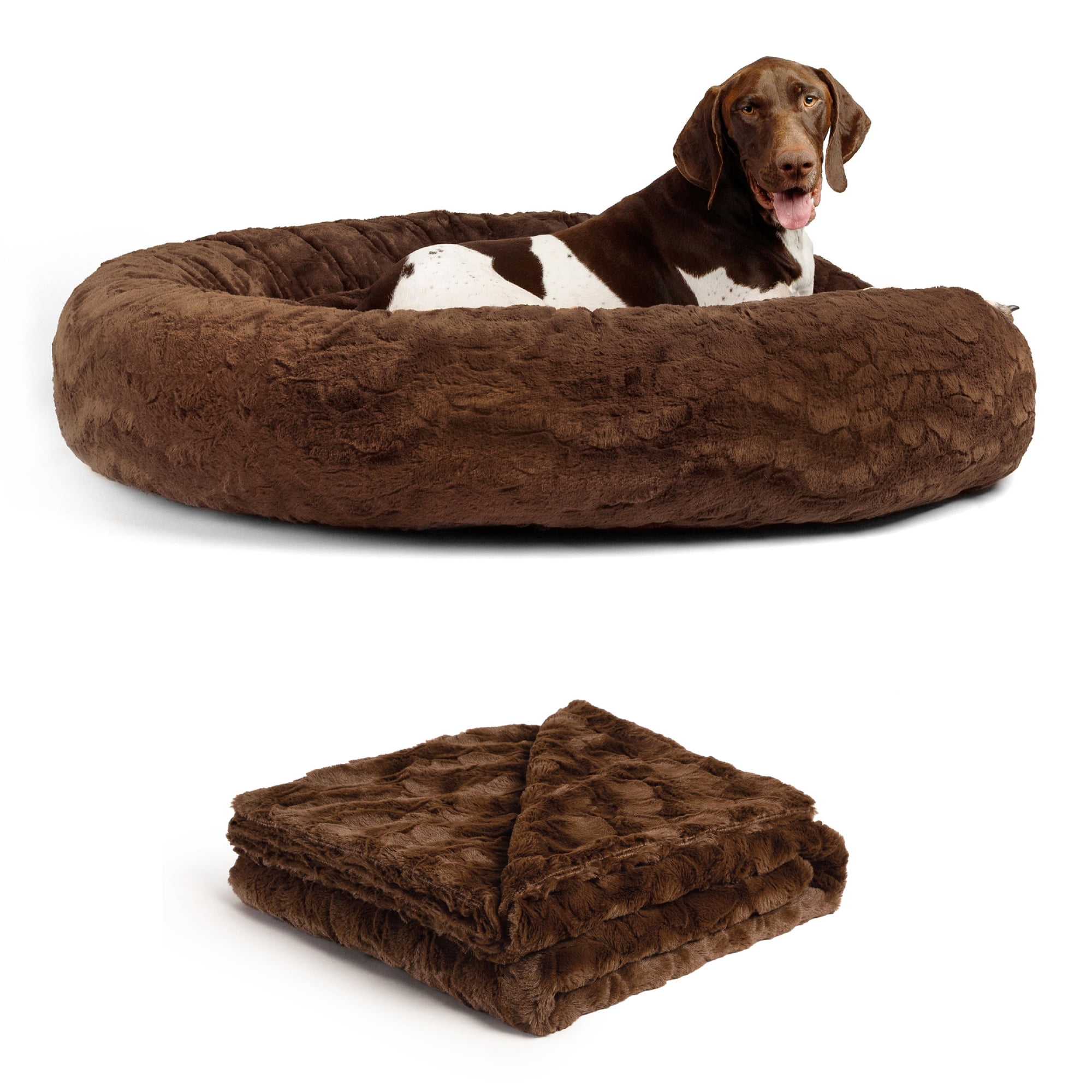 Extra Large Dark Chocolate Faux Fur Orthopedic Pet Bed with Blanket