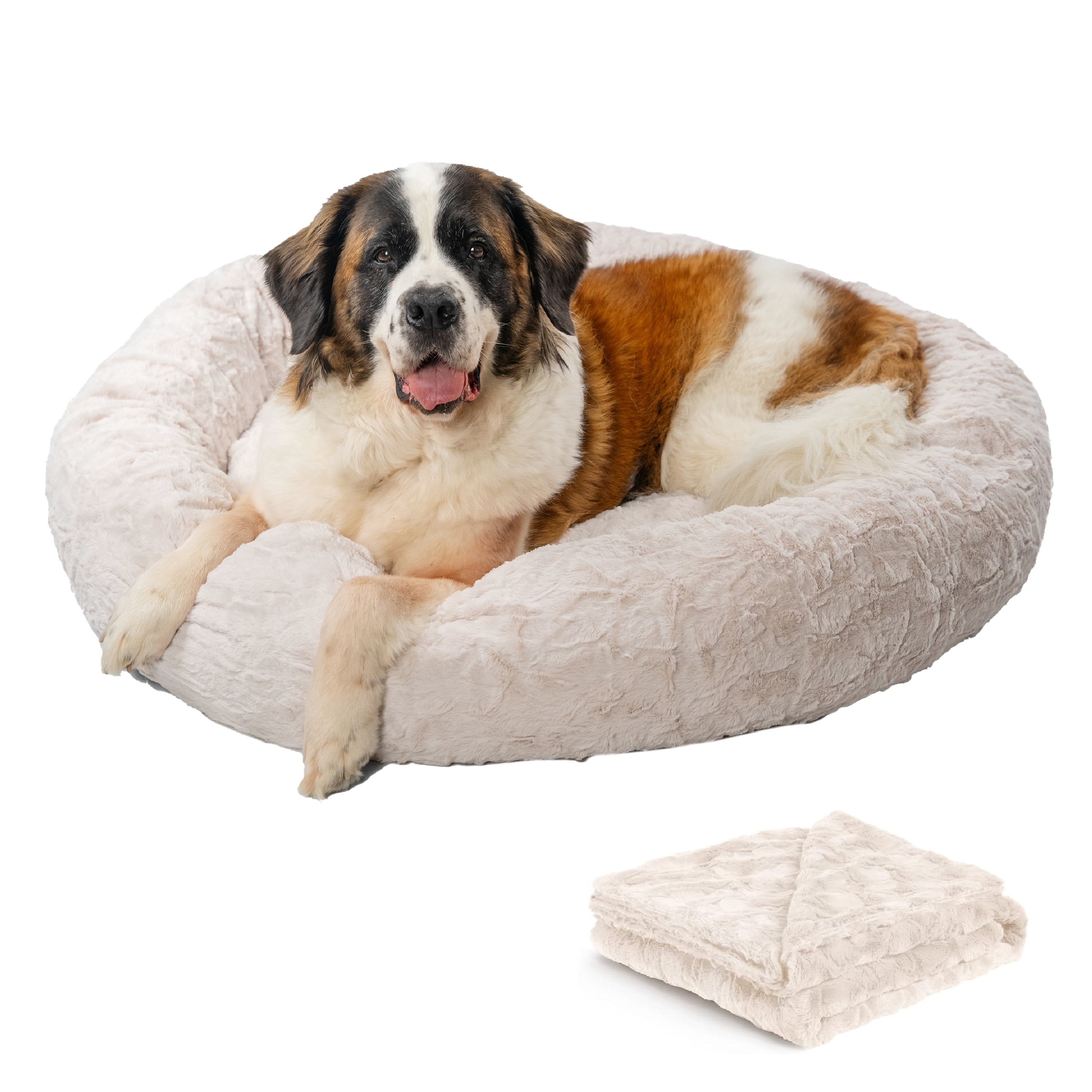 Best Friends by Sheri Bundle Set The Original Calming Lux Donut Cuddler Cat and Dog Bed + Pet Throw Blanket, Oyster, Extra Large, 45x45