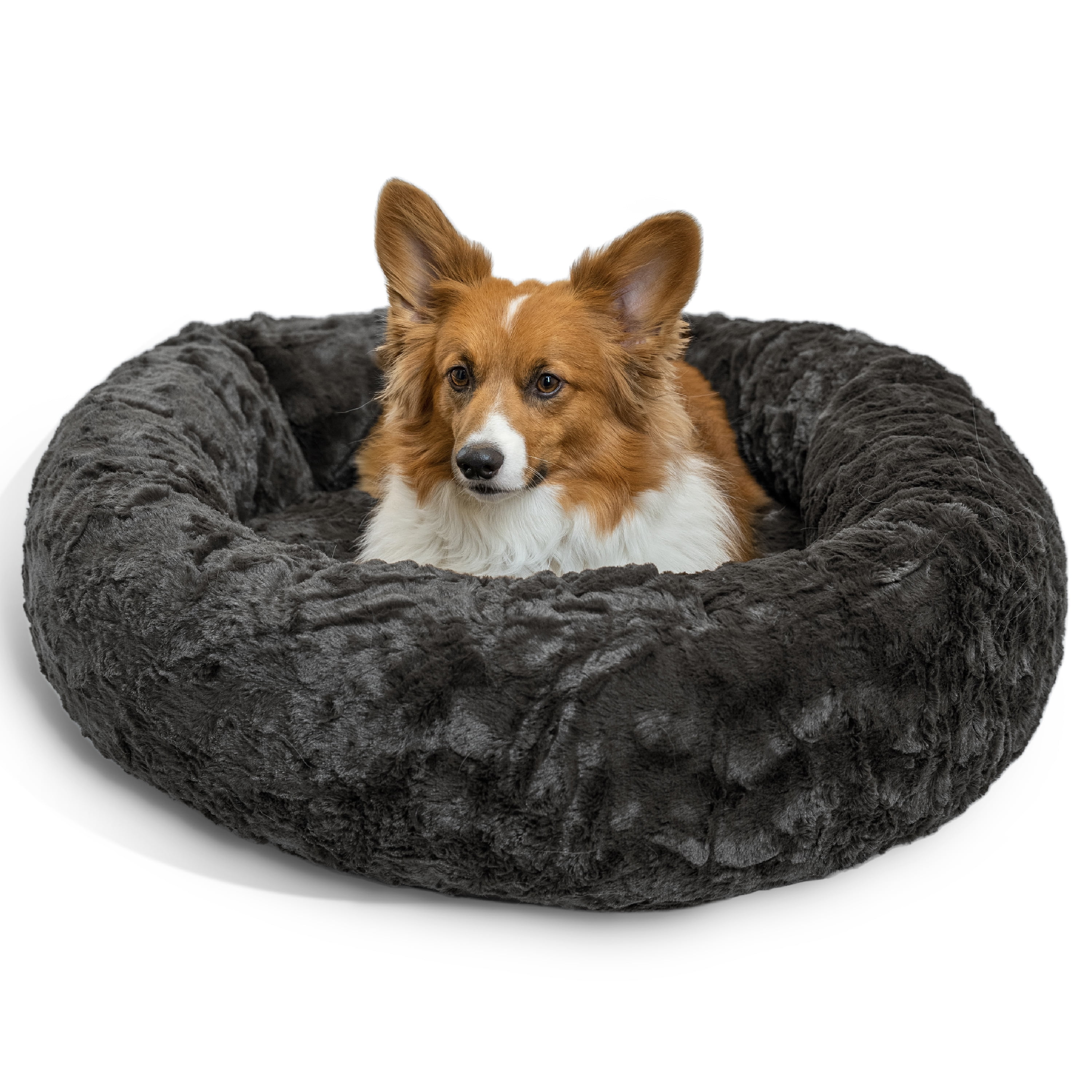Best Friends by Sheri Original Calming Donut Dog and Cat Bed, Lux Faux Fur, Mink Dark Gray, (30in x 30in) - Anxiety Relief for Pets Up to 45 lbs
