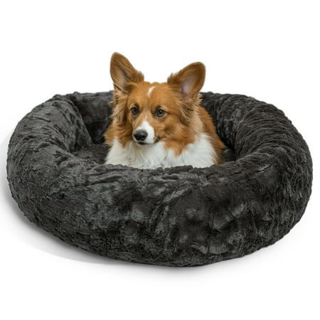 Best Friends by Sheri Original Calming Donut Dog and Cat Bed, Lux Faux Fur, Mink Dark Gray, (30in x 30in) - Anxiety Relief for Pets Up to 45 lbs