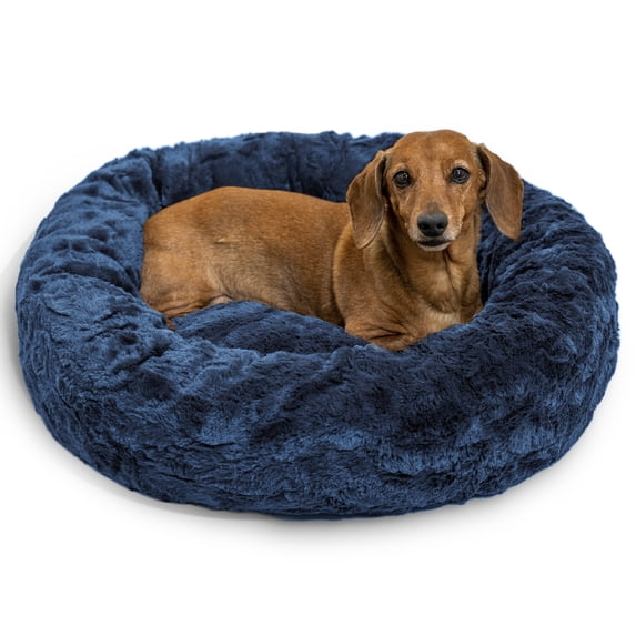 Best Friends by Sheri Original Calming Donut Dog and Cat Bed, Lux Faux Fur, Navy Blue, (23in x 23in) - Anxiety Relief for Pets Up to 25 lbs