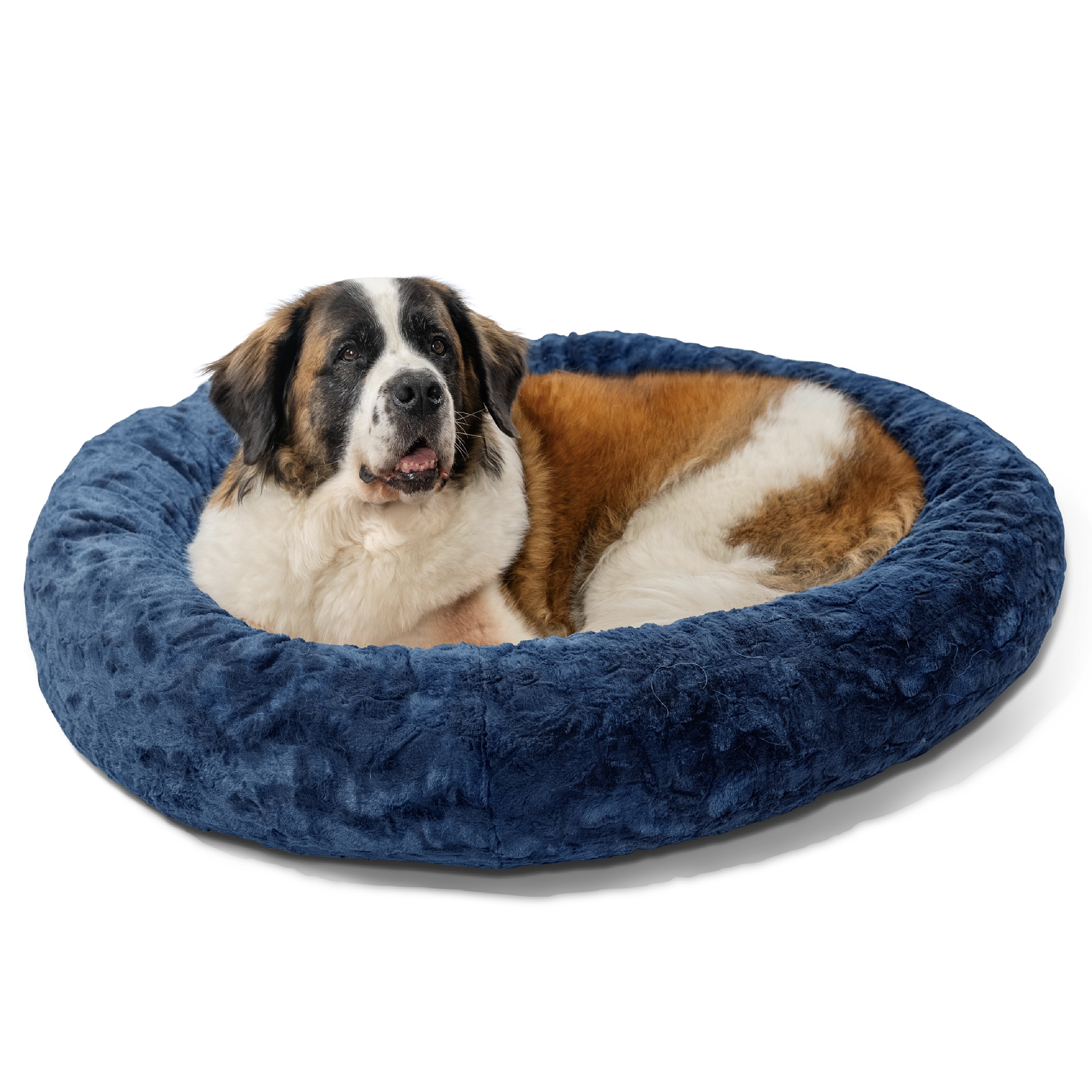 Best Friends by Sheri Original Calming Donut Dog and Cat Bed, Lux Faux Fur, Navy Blue, XL (45in x 45in) - Anxiety Relief for Pets Up to 150 lbs