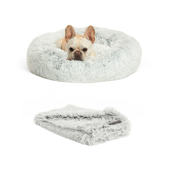 Best Friends by Sheri Bundle Set The Original Calming Shag Donut Cuddler Cat and Dog Bed Pet Throw Blanket Frost Small 23" 30.0"L x 40.0"W x 7.0"Th Bed Blanket Shag Frost