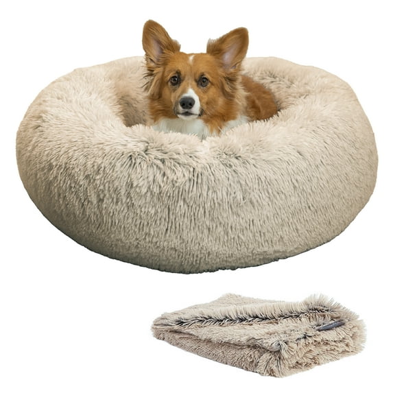 Best Friends by Sheri Bundle Set The Original Calming Shag Donut Cuddler Cat and Dog Bed + Pet Throw Blanket, Taupe, Medium 30x30