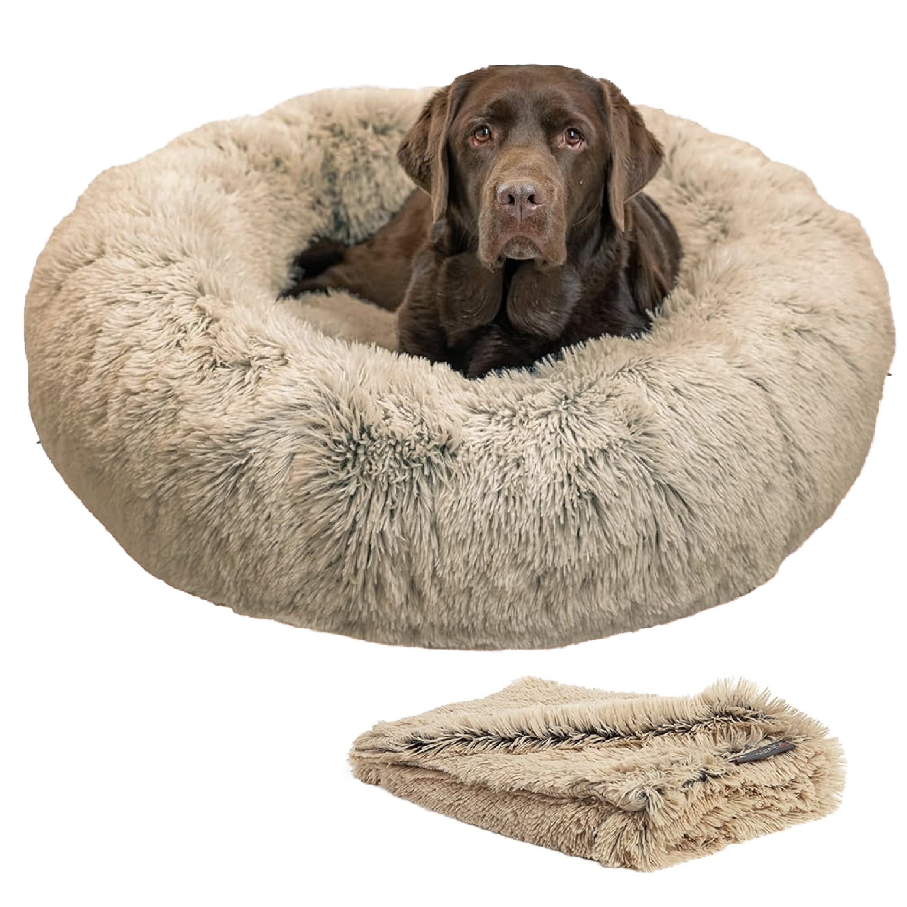 Best Friends by Sheri The Original Calming Donut Dog Bed & Blanket Bundle – Washable Plush Bed for Large Breeds up to 100 lbs, Large (36" x 36") + Throw (40" x 50"), Shag Faux Fur, Taupe