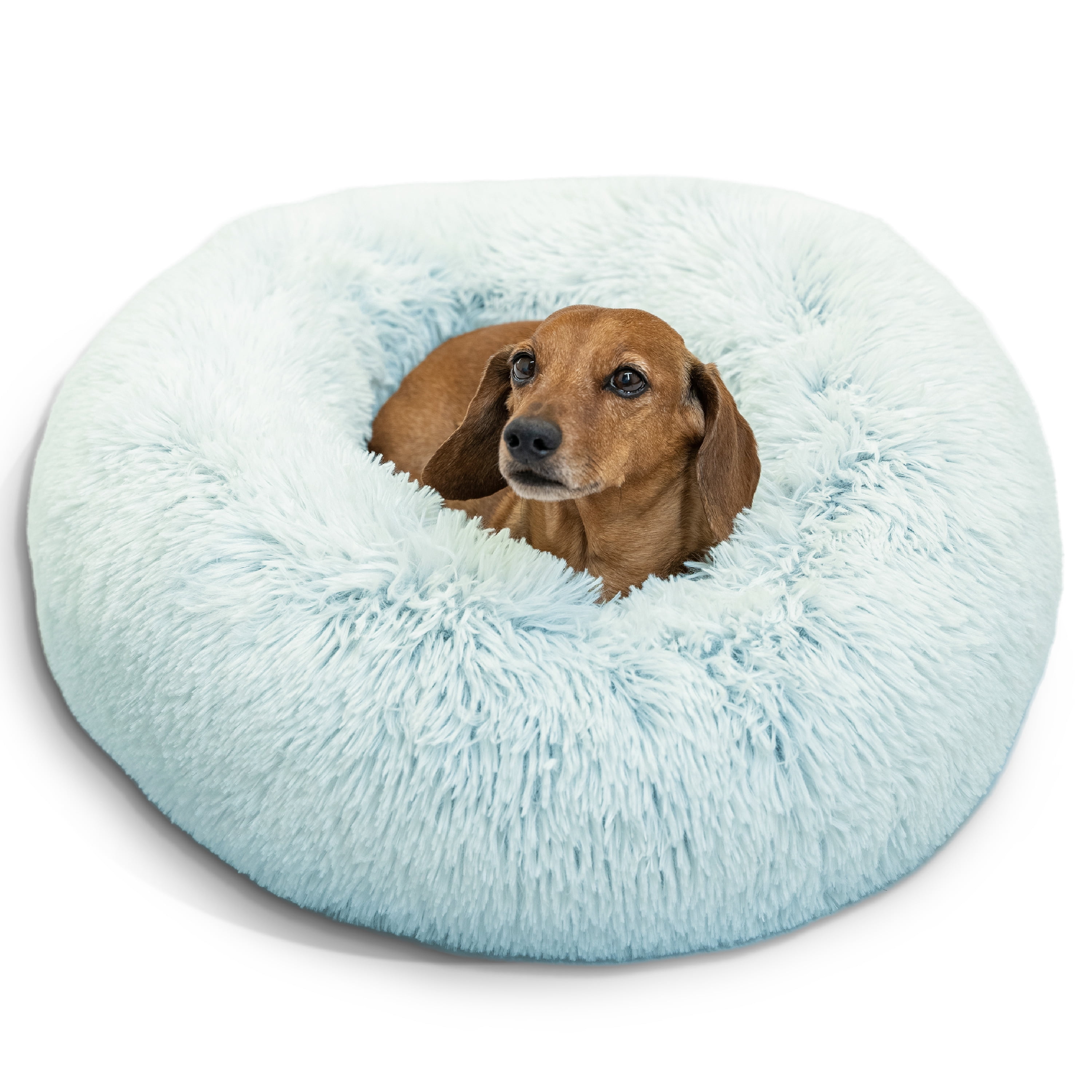 Best Friends by Sheri Original Calming Donut Dog and Cat Bed, Shag Faux Fur, Baby Blue, (23in x 23in) - Anxiety Relief for Pets Up to 25 lbs