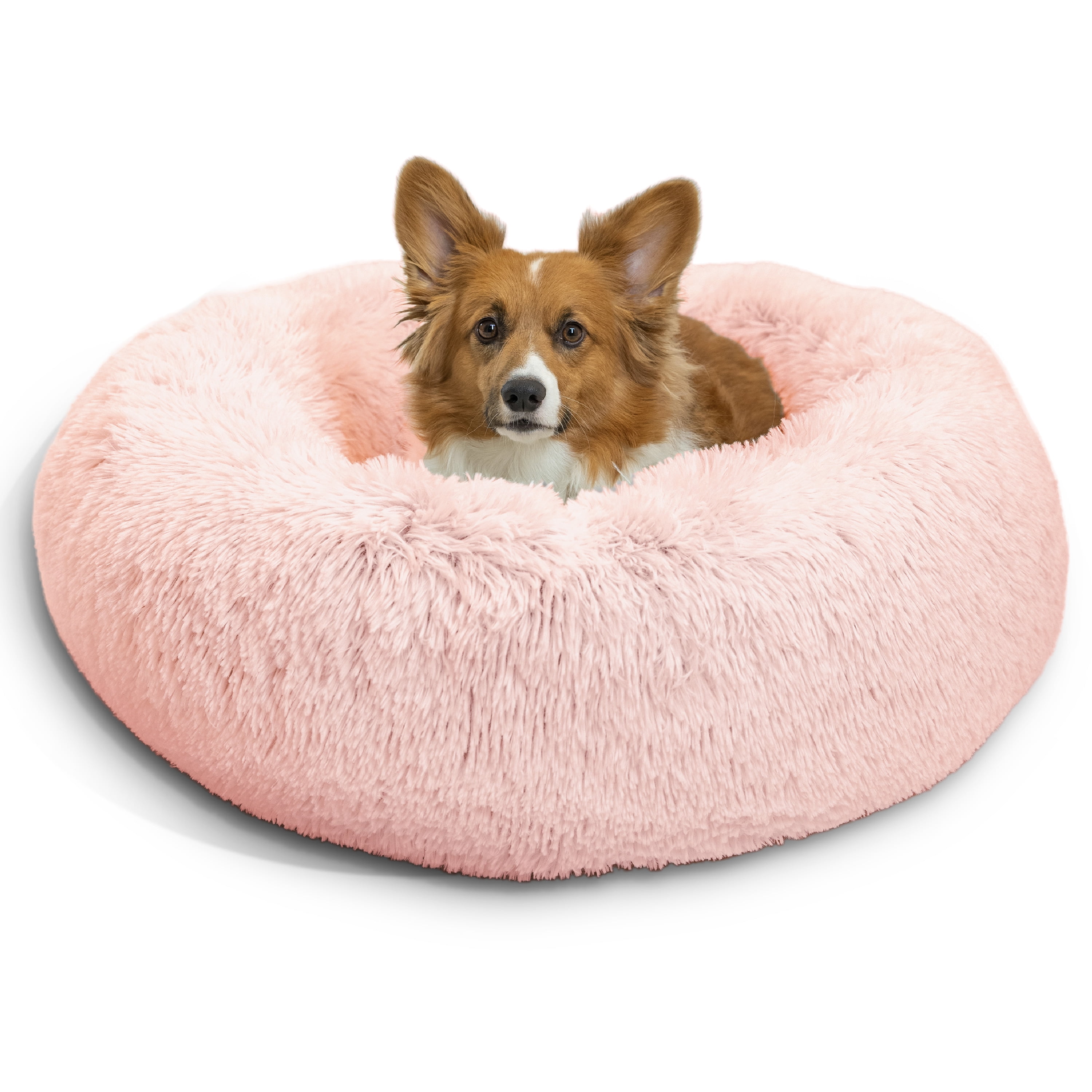 Best Friends by Sheri Original Calming Donut Dog and Cat Bed, Shag Faux Fur, Cotton Candy Pink, (30in x 30in) - Anxiety Relief for Pets Up to 45 lbs