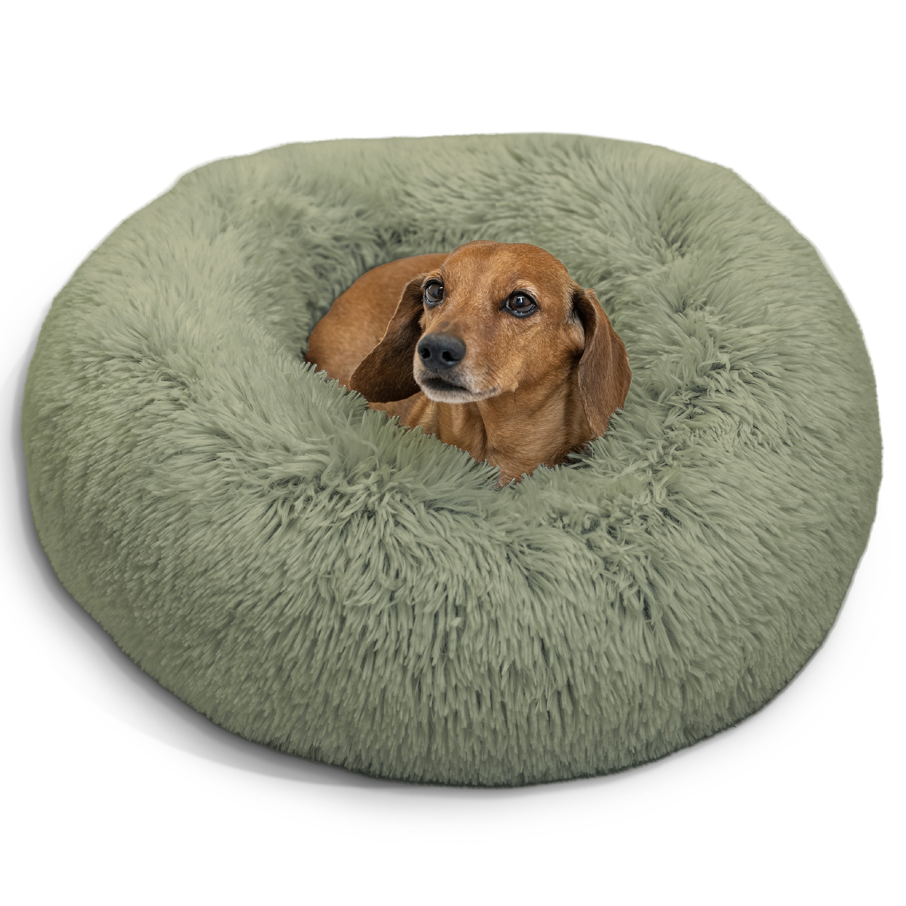 Best Friends by Sheri Original Calming Donut Dog and Cat Bed, Shag Faux Fur, Sage Green, (23in x 23in) - Anxiety Relief for Pets Up to 25 lbs