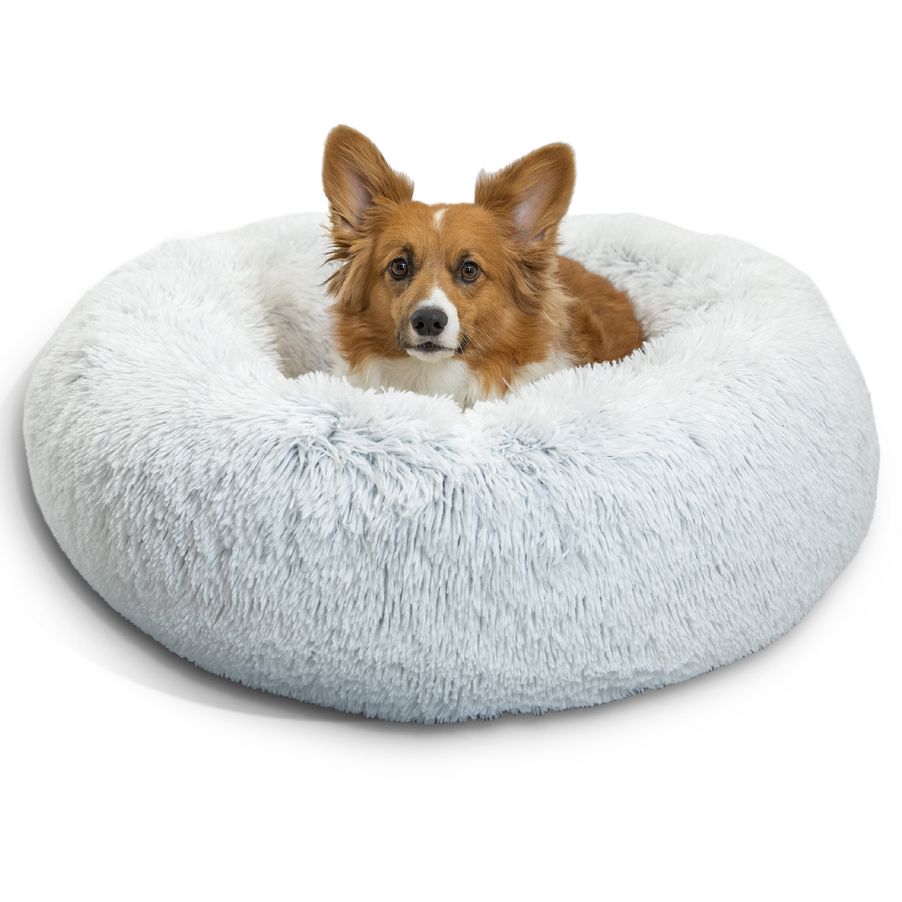 Best Friends by Sheri The Original Calming Donut Dog Bed – Washable Plush Pet Bed for Medium Breeds up to 45 lbs, Shag Faux Fur, Frost Gray, Medium (30" x 30")