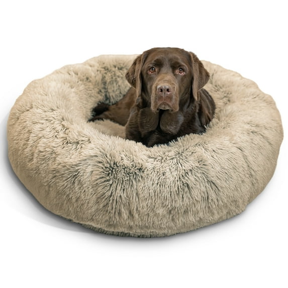 Best Friends by Sheri Original Calming Donut Dog and Cat Bed, Shag Faux Fur, Taupe, Large (36x36") - Helps Provide Anxiety Relief for Pets