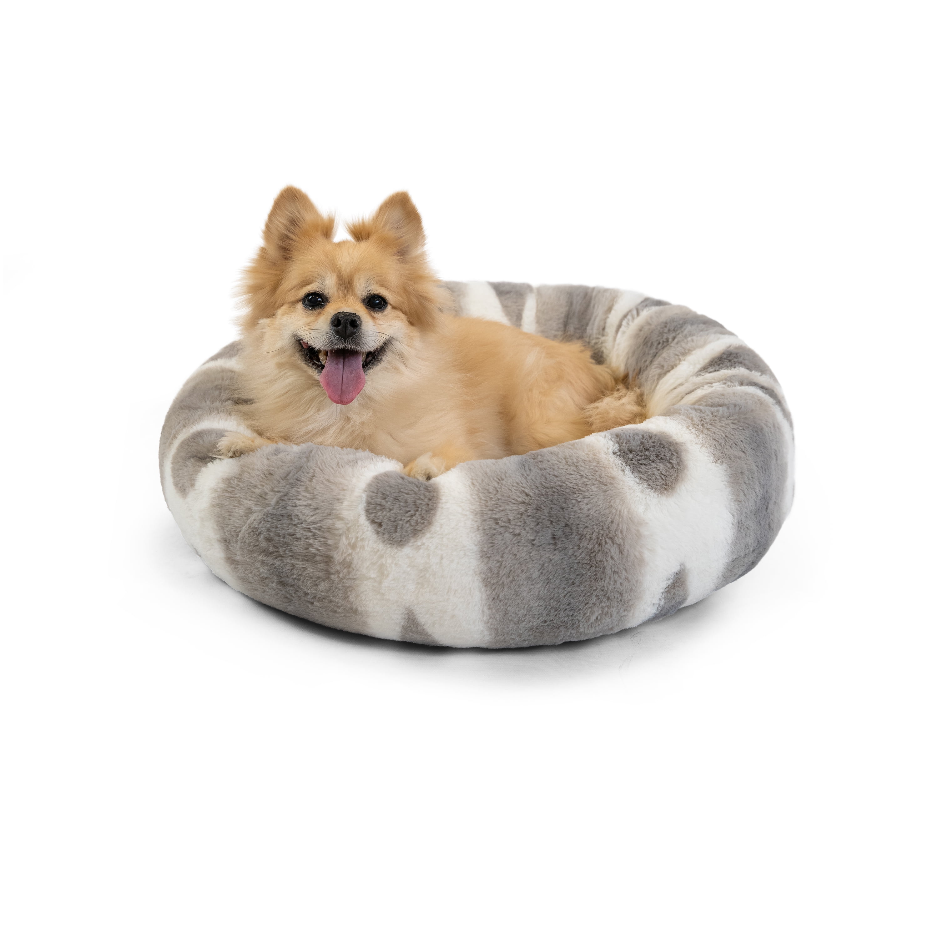Best Friends by Sheri Patterned Lux Faux Fur Calming Donut Dog Bed, Gray, Small, 23x23