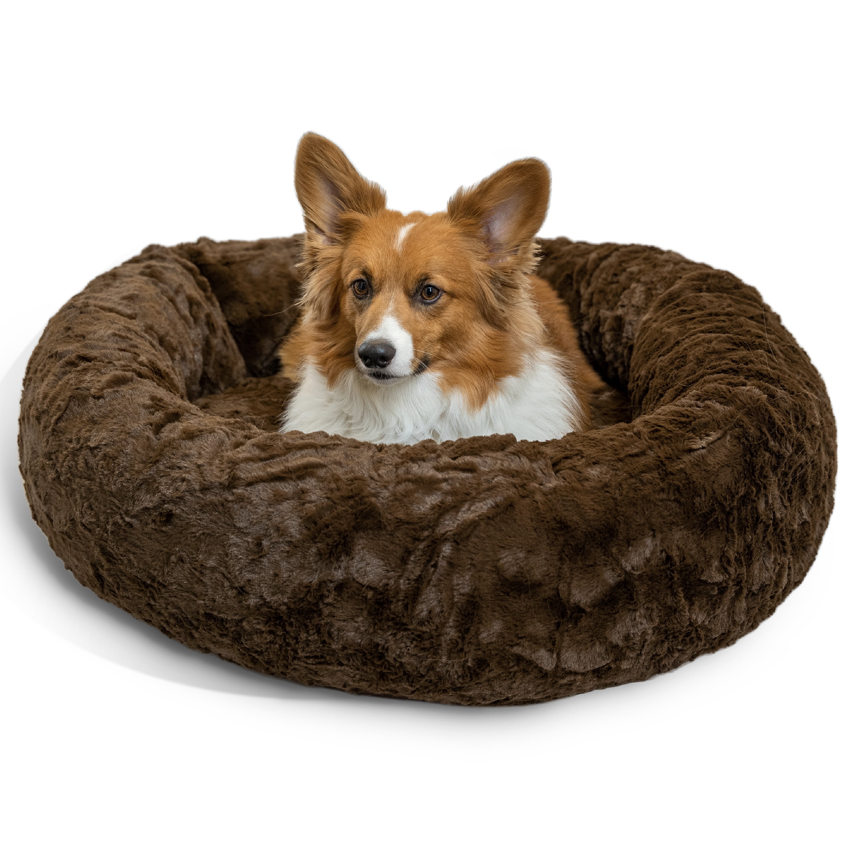 Best Friends by Sheri The Original Calming Donut Dog Bed – Washable Plush Pet Bed for Medium Breeds up to 45 lbs, Lux Faux Fur, Dark Brown, Medium (30" x 30")