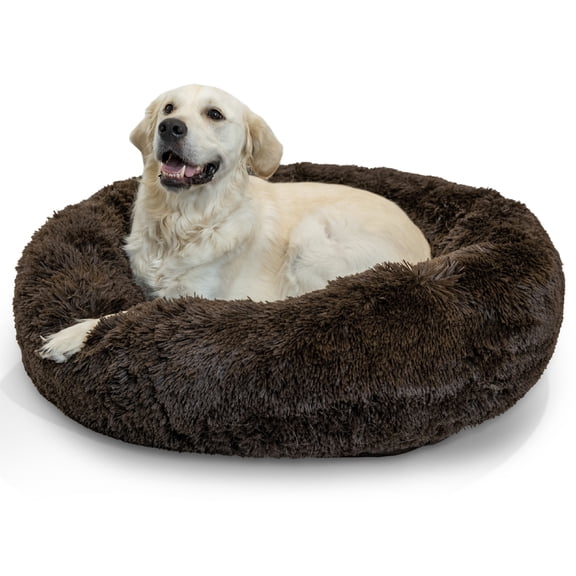 Best Friends by Sheri The Original Calming Donut Dog Bed Washable Plush Pet Bed for Large Breeds up to 100 lbs, Shag Faux Fur, Dark Chocolate, Large (36" x 36")