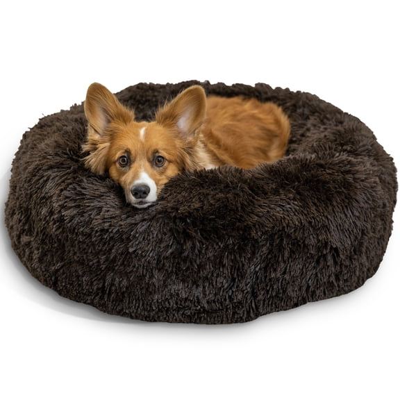 Best Friends by Sheri Original Calming Donut Dog and Cat Bed, Shag Faux Fur, Dark Brown, (30in x 30in) - Anxiety Relief for Pets Up to 45 lbs
