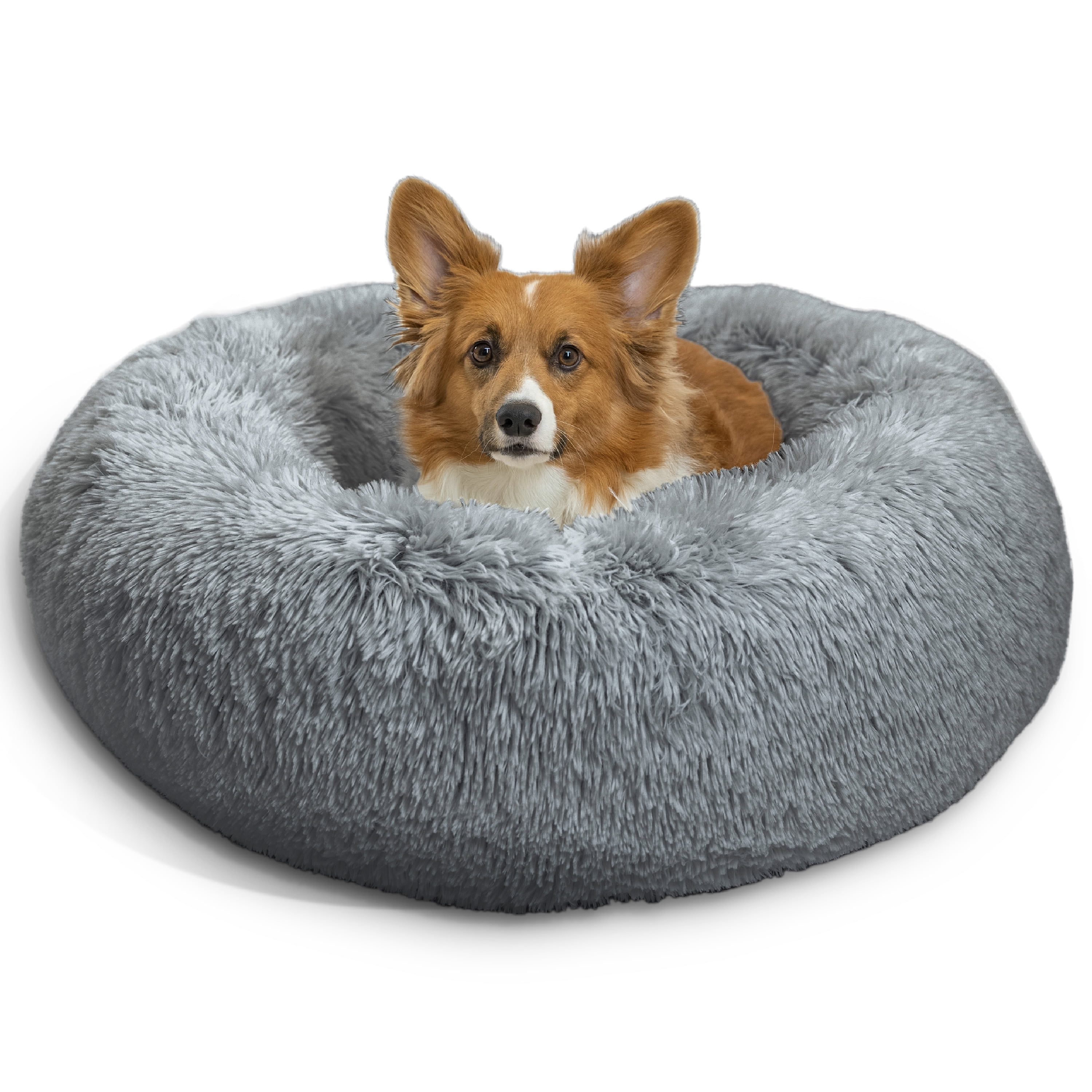 Best Friends by Sheri The Original Calming Donut Dog Bed – Washable Plush Pet Bed for Medium Breeds up to 45 lbs, Shag Faux Fur, Gray, Medium (30" x 30")