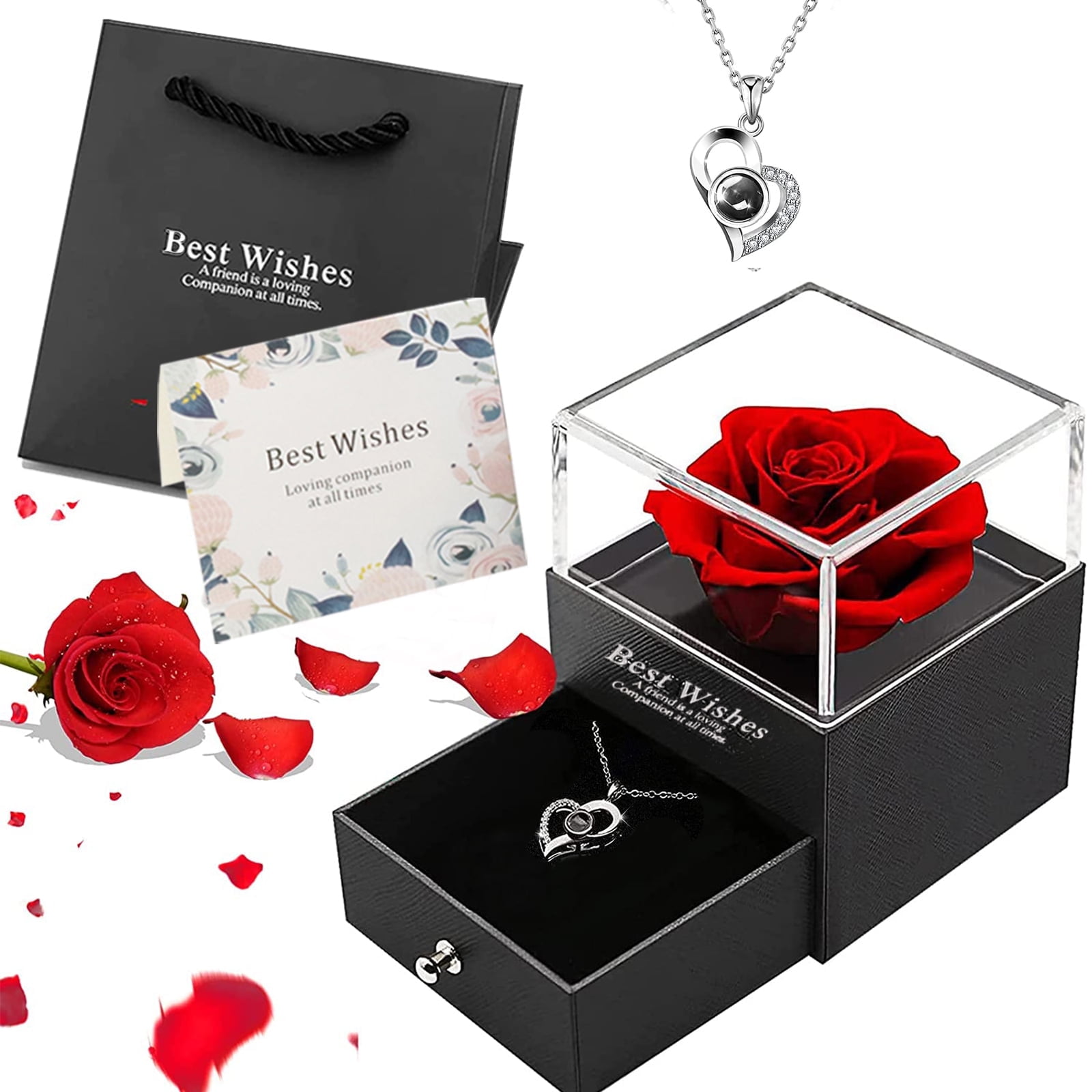 WOORNIGOJIN Best Gift for Woman, Preserved Red Real Rose with I Love You Necklace in 100 Languages, Romantic Gifts for Her on Mother's Day, Birthday, Anniversary.