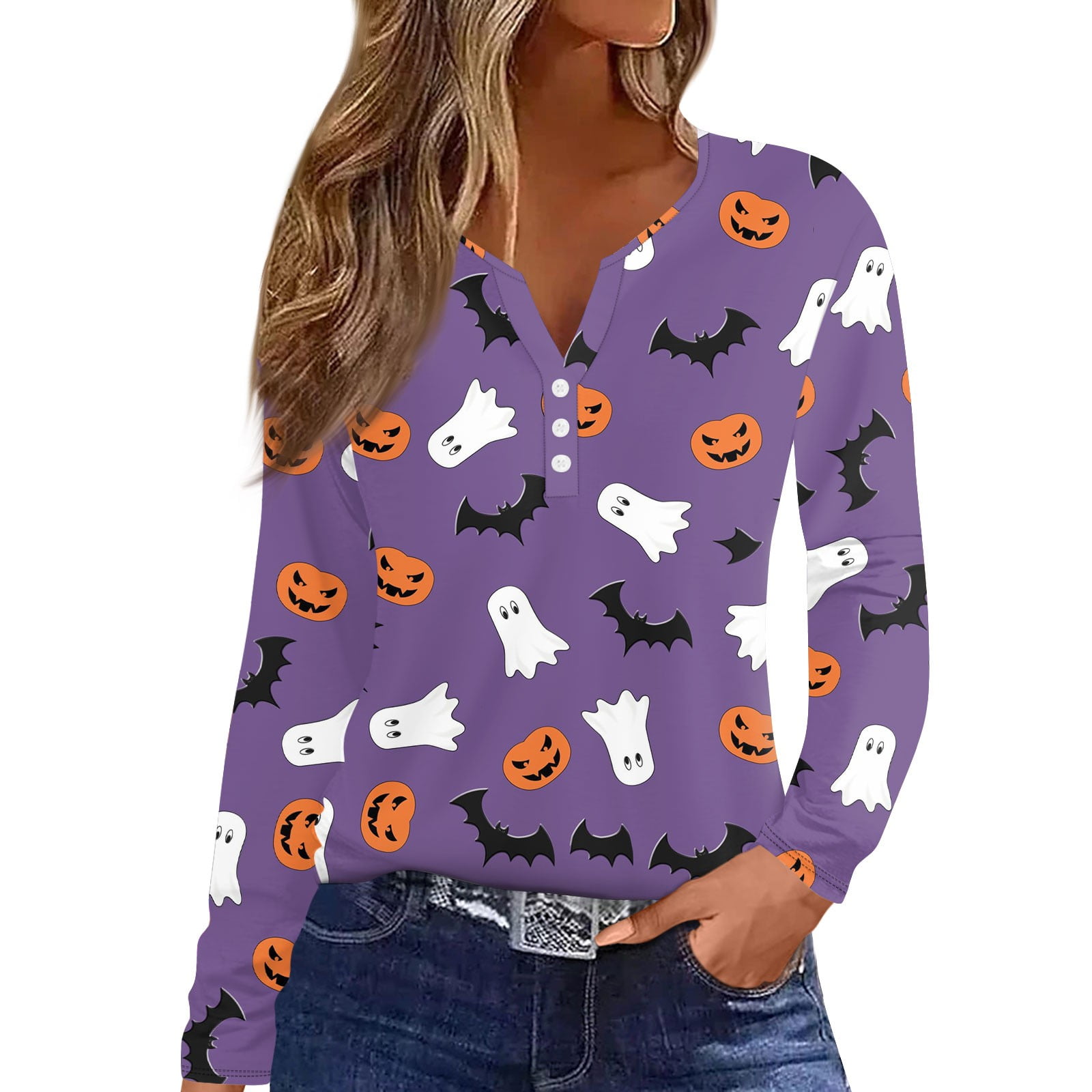 Best Gift Women's Fashion Casual Printed VNeck Long Sleeve Decorative