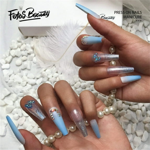 【Best Gift for Girls/Women】Fofosbeauty 24pcs Press-on Nails Coffin Manicure Nail Polish, Babyblue Butterfly