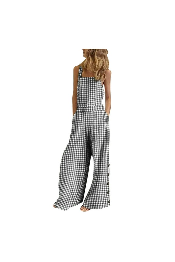 Best Gifts for Christmas Juebong Women Sleeveless Overalls Jumpsuit Casual Plaid Print Summer Wide Leg Bib Pants,Black,M