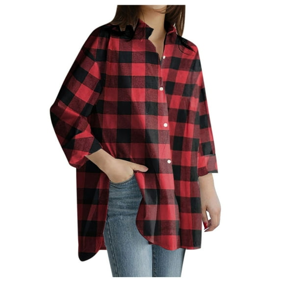 Best Gifts for Christmas Juebong Women's New Shirt Striped Printed Slit Long Sleeve Button Casual Top,Red,L