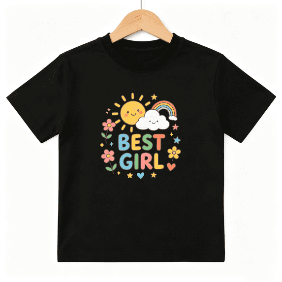 Best Girl Sun Rainbow Girls Graphic Tee, Cute Retro Flower 100% Cotton Kids Short Sleeve T-Shirt 4-13Y
