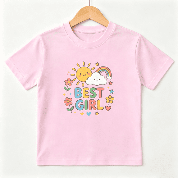 Best Girl Sun Rainbow Girls Graphic Tee, Cute Retro Flower 100% Cotton Kids Short Sleeve T-Shirt 4-13Y