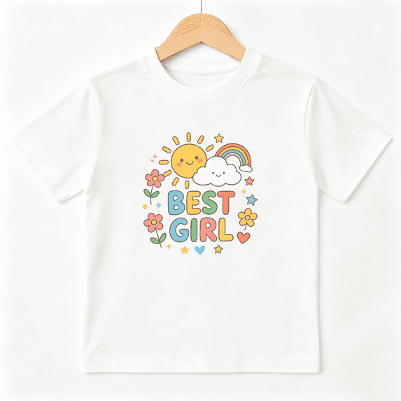 Best Girl Sun Rainbow Girls Graphic Tee, Cute Retro Flower 100% Cotton Kids Short Sleeve T-Shirt 4-13Y