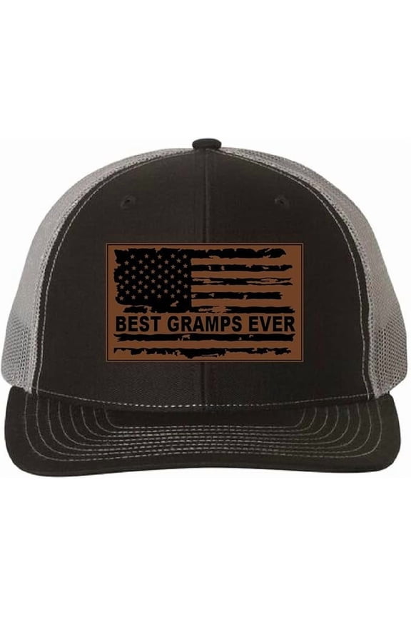 Best Gramps Ever Hat with American Flag, Personalized Leather Patch Cap, Custom Gramps Gift, Patriotic Grandpa Hat, Custom Cap for Him (Black Charcoal)