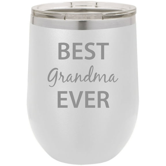 Best Grandma Ever Stainless Steel Engraved Insulated 12 oz Double-Walled Wine Tumbler with Clear Plastic Lid, White