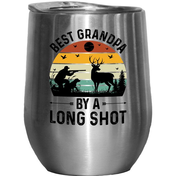 Best Grandpa by a Long Shot, Deer Hunting or Hunter Grandfather, Stainless Steel 12oz Wine Tumbler