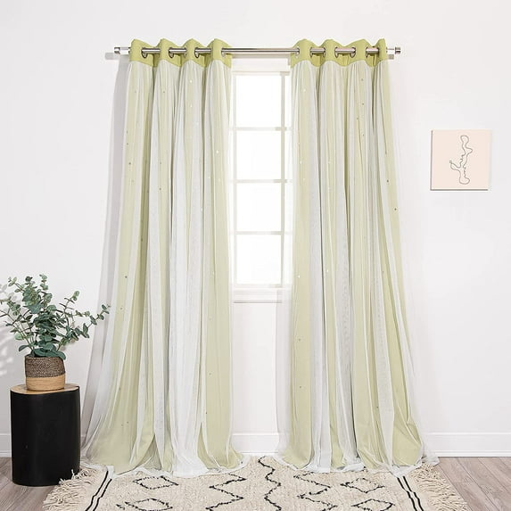 Best Home Fashion Set of 2 Tulle Overlay Star Cut Out Silver Grommet Curtains for Bedroom, Living Room, Kids Room, Sun Blocking Thermal Insulated Blackout Window Curtains (Sage, 52" W x 84" L)