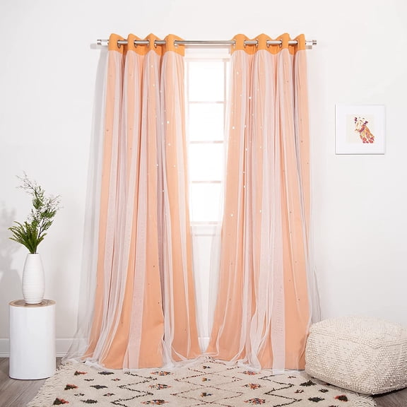 Best Home Fashion Set of 2 Tulle Overlay Star Cut Out Silver Grommet Curtains for Bedroom, Living Room, Kids Room, Sun Blocking Thermal Insulated Blackout Window Curtains (Orange, 52" W x 84" L)
