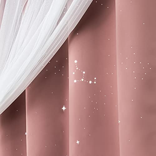 Best Home Fashion Tulle Overlay Blackout Laser Cut Starry Sky Curtain Pair, Silver Grommet Window Panels for Bedroom, Kids Room - 52" W x 84" L, Mauve