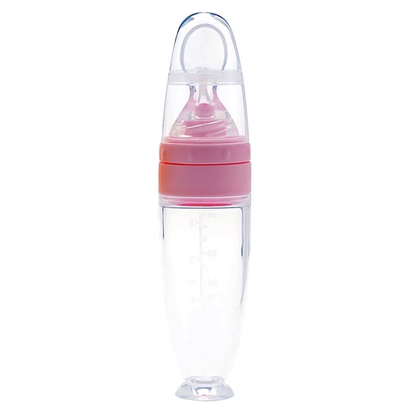 SkyAuks Pedty Tableware,1X Feeding Bottle,Baby Training Silicone Bottle Extrusion Spoon Children'S Complementary Food Bottle Pink