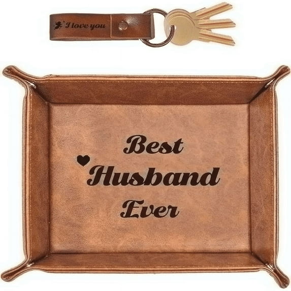 Best Husband Ever Gifts, Husband Gifts from Wife, Unique Anniversary Birthday Christmas Gifts, Stocking Stuffers for Husband Who Has Everything for Fathers Day, PU Leather Tray and Keychain