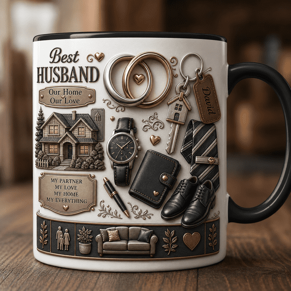 Best Husband Mug Personalized Name Coffee Cup with Wedding Rings & Home Key Gift