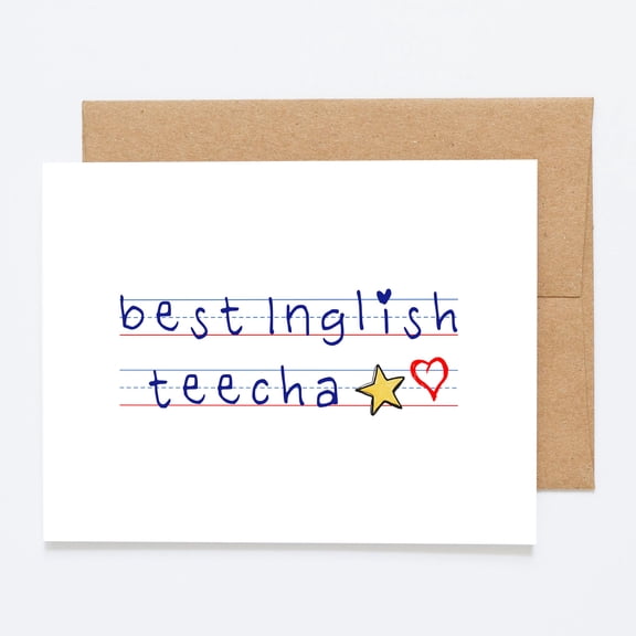 Best Inglish Teecha Teacher Appreciation Card, English Teacher Thank You Note with Hand-Drawn Star and Heart Design, Includes Kraft Envelope for Teacher Gift.