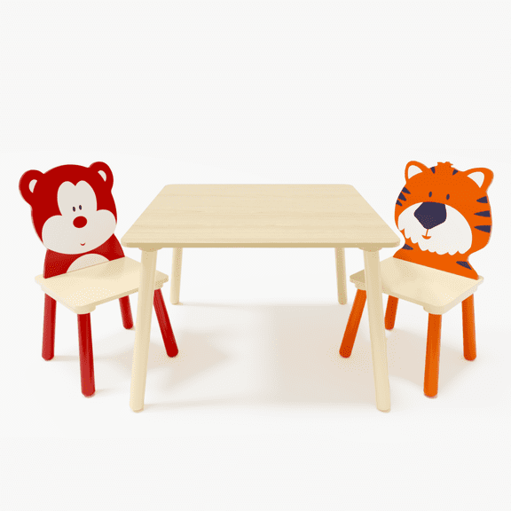 Best Kids Table and 2 Chairs Set, 3 Pieces Toddler Table and Chair Set, Wooden Activity Play Table Set (Bear&Tiger)