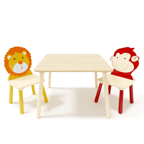 Best Kids Table and 2 Chairs Set, 3 Pieces Toddler Table and Chair Set, Wooden Activity Play Table Set (Lion&Monkey)