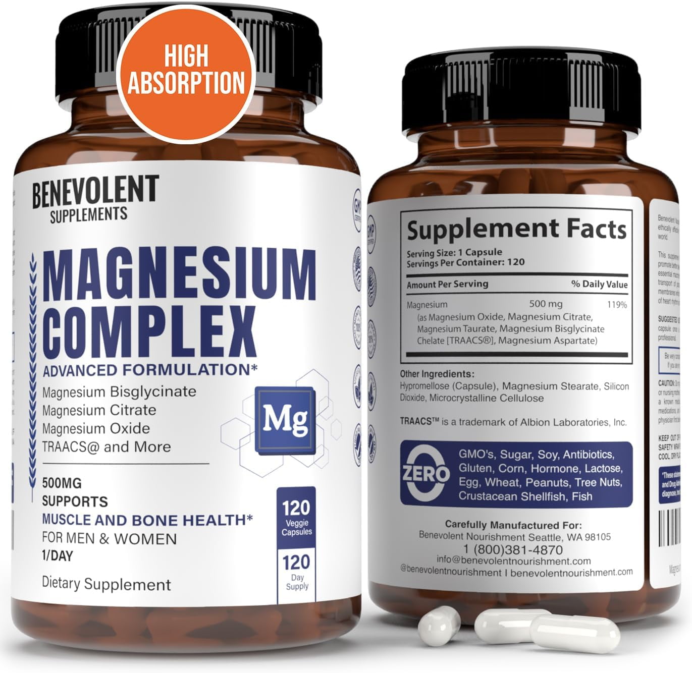 Best Magnesium Complex 500mg 5 Types of Magnesium Glycinate, Oxide, Taurate, Chelate
