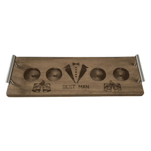 Best Man Bourbon Flight Board Rustic Pine 16x5.5 Whiskey Tasting Tray with Stainless-Steel Rails & Engraved Tux Design, Groomsmen Wedding Gift with QR Code Bourbon Recipe Book