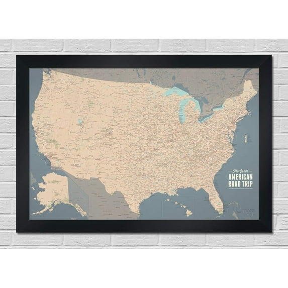 Best Maps Ever USA Road Trip & Travel Highway Tracing Poster - 24x36 (Tan & Slate Blue | Black Frame)