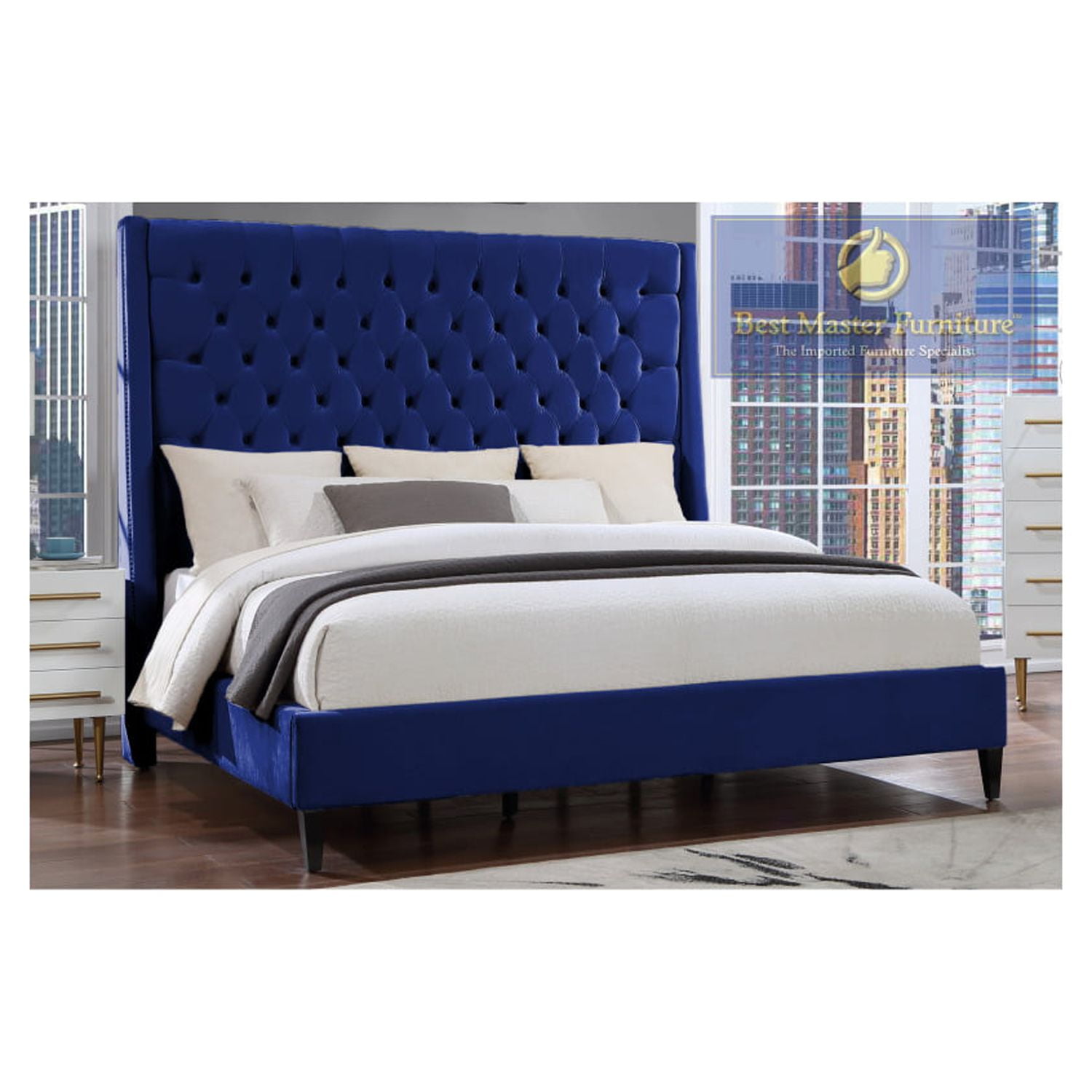 Elegant Navy Blue Velvet Queen Platform Bed with Nailhead Trim