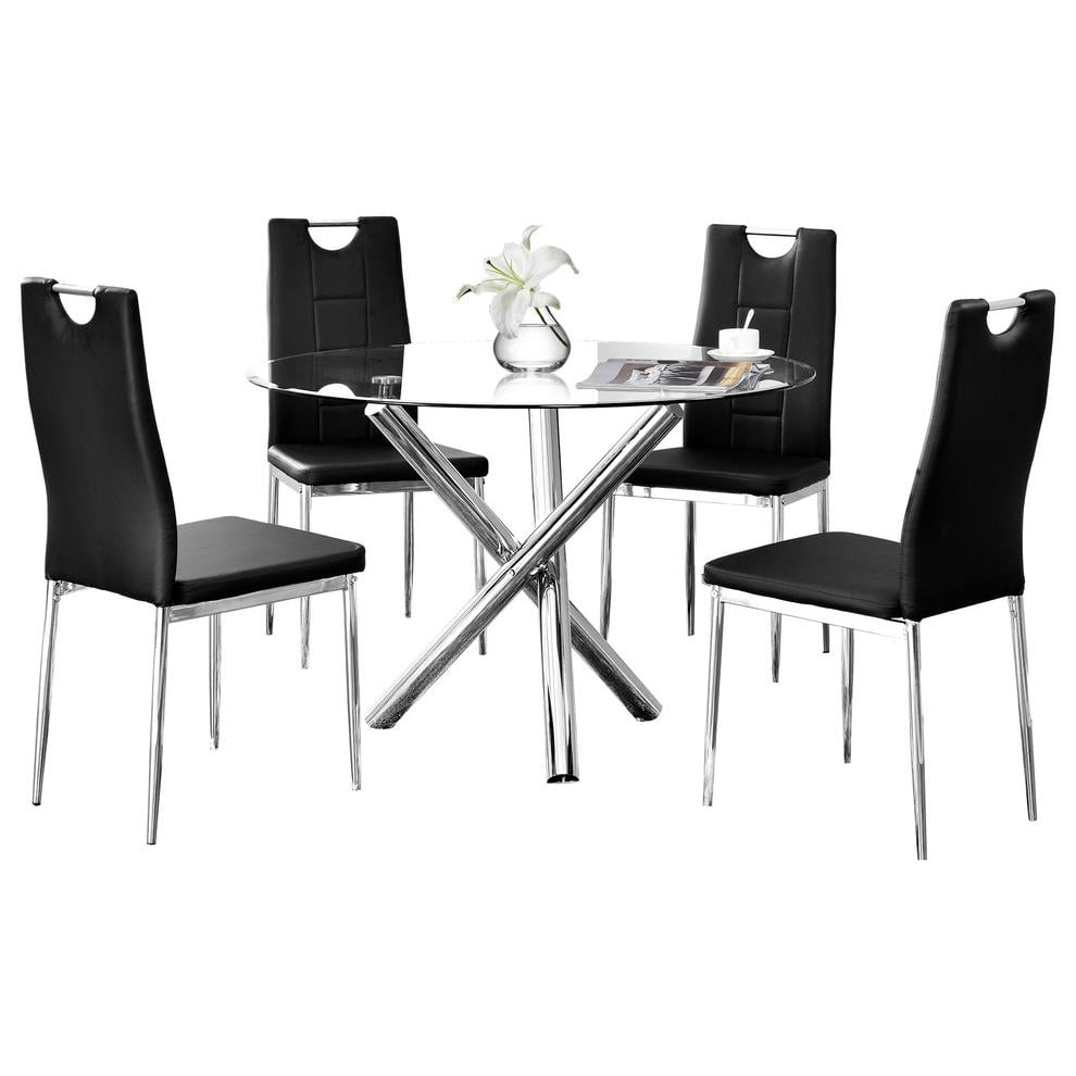 Modern Black Faux Leather and Chrome 5-Piece Round Glass Dining Set