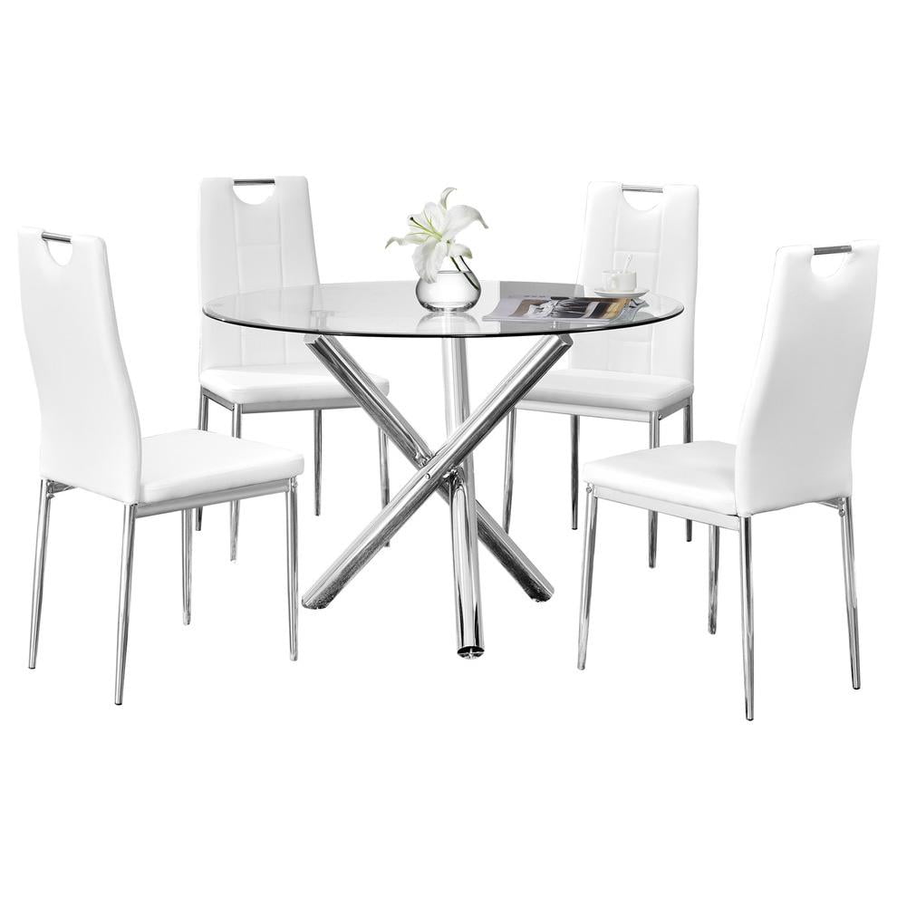 43" Round Glass Dining Table Set with Chrome Legs and Faux Leather Chairs