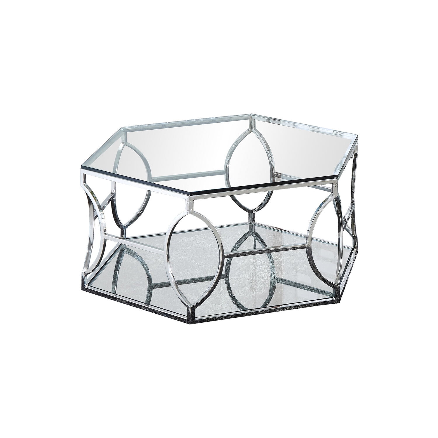 Hexagonal Elegance Silver Stainless Steel and Clear Glass Coffee Table